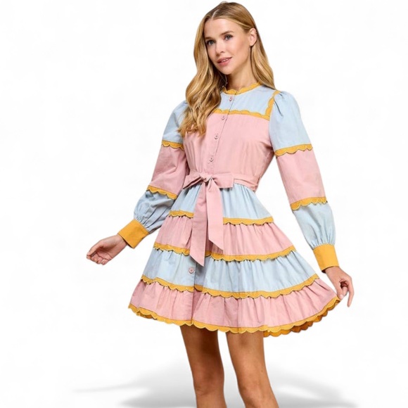 TCEC Dresses & Skirts - TCEC  Pastel Long Sleeves Ruffle Colorful Mini Dress with Yellow Accents